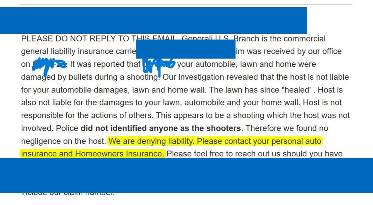 Redacted excerpt of insurance correspondence about reported bullet damage and the claim decision