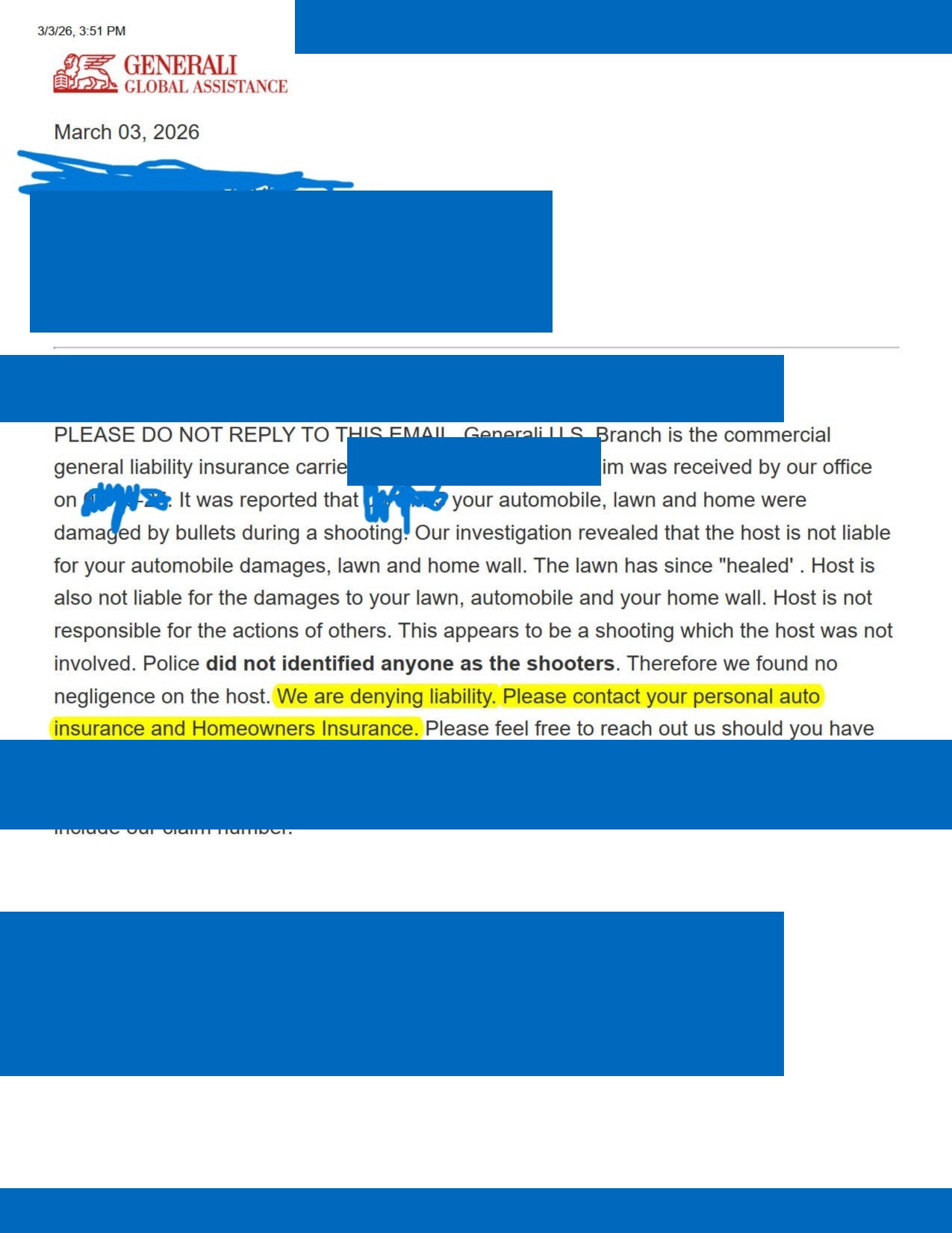 Full insurance letter with identifying information and contact details redacted
